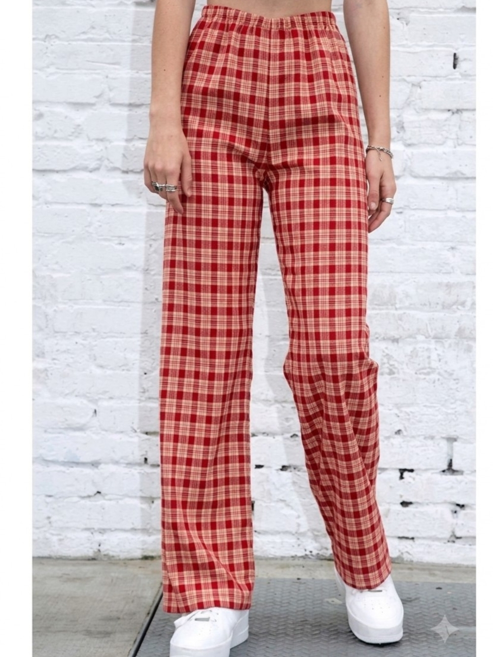 Brandy Melville Red & Cream Plaid Wide-Leg Pants